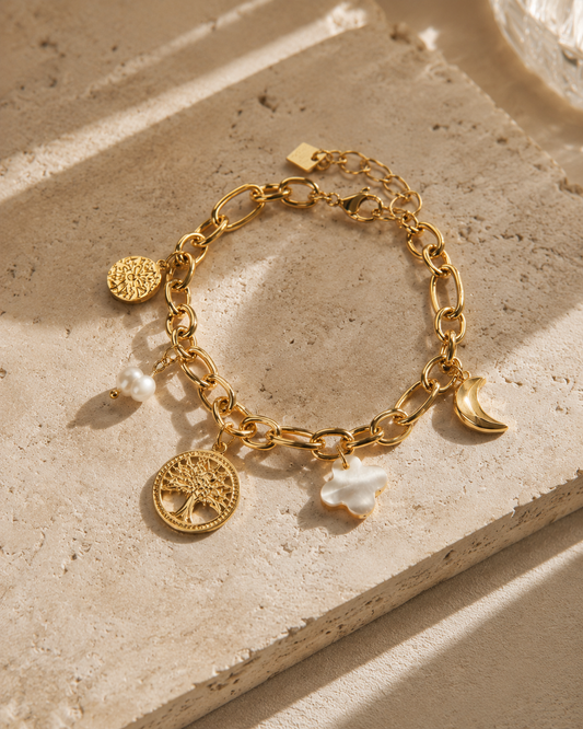 Bracelet charms arbre de vie doré acier inoxydable – lune, trèfle nacré et perle – Bijoux Incandescence