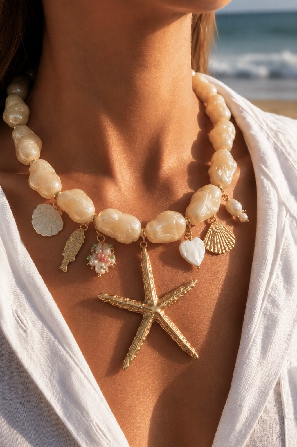 Collier charms bord de plage porté – perles baroques nacre blanche, grande étoile de mer dorée, coquillages et poisson doré – Bijoux Incandescence