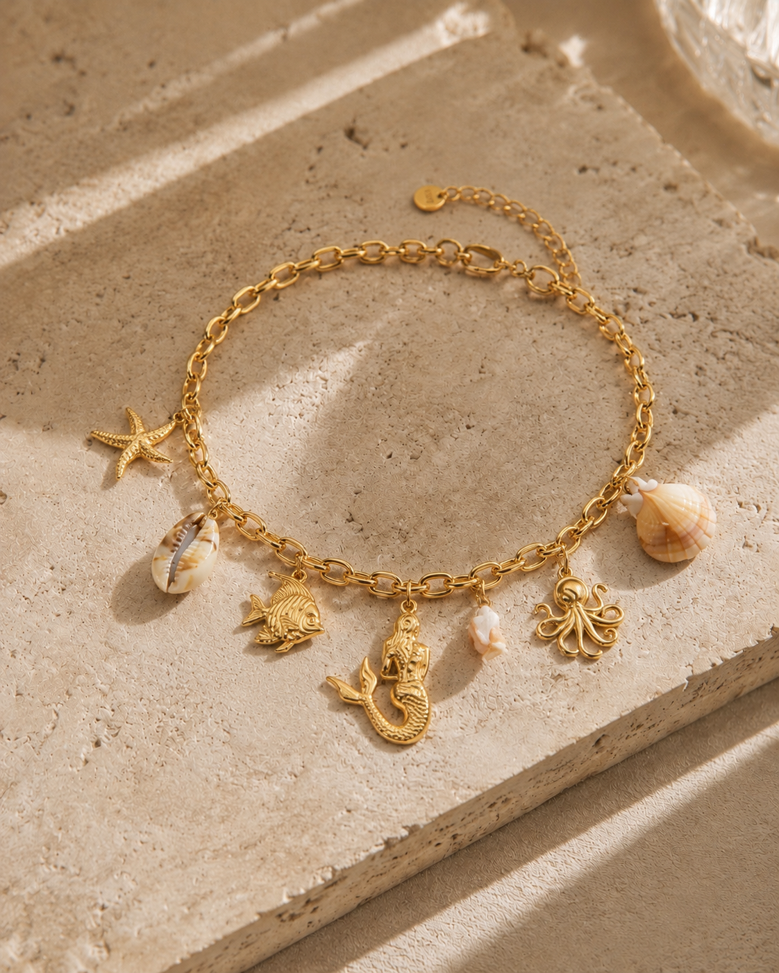 Collier charms sirène doré en acier inoxydable – pendentifs étoile de mer, coquillages, poisson, pieuvre et perle – Bijoux Incandescence